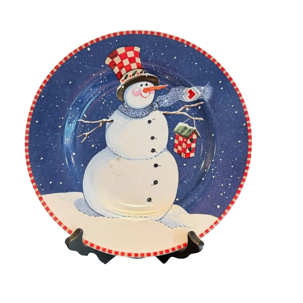 Oneida Kitchen Winter Buddies Salad Dessert Plates Set of 4 Snowman Blue